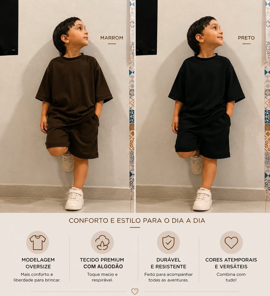 Conjunto infantil neutro da Banim, peça pensada pra enxoval minimalista